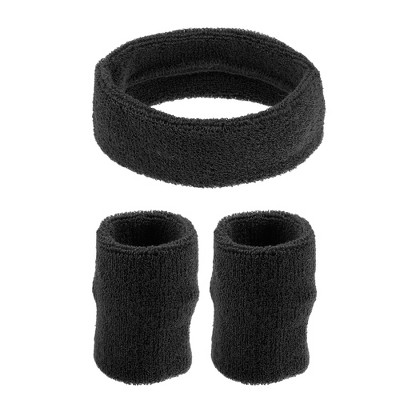 Unique Bargains Stretchy Cotton Blend Sweat Absorbing Sport Headband Wristband Black 3 pcs