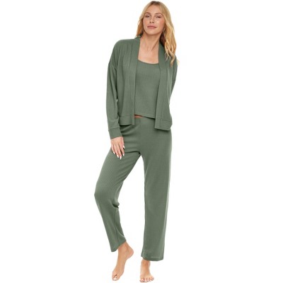ADR Women's Pajamas Set, Soft Ribbed Knit Waffle 3 Piece Lounge Set - Cardigan Sweater, Cami Top Shirt, Pajamas Pants