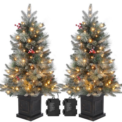 3ft Pre-Lit Holiday Trees with 78 LED Lights, Snowflakes and Red Berries, White