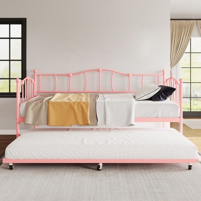 Metal Twin DayBed with Trundle, Sofa Bed Frame with Pull Out Trundle, Steel Slatted Support Platform Bed, Daybed for Bedroom Living Room Small Spaces