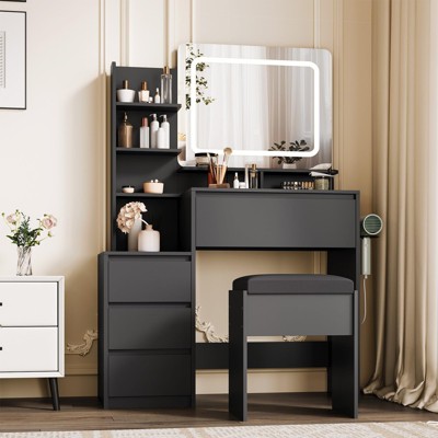 36in LED Vanity Desk w/Mirror, Stool & Storage - Adjustable Lights, USB Ports, 4 Drawers - Perfect for Bedroom