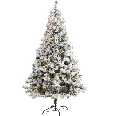 Nearly Natural 7-ft Flocked White River Mountain Pine Artificial Christmas Tree with Pinecones and 350 LED Lights