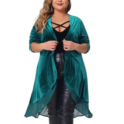 Agnes Orinda Women's Plus Size Velvet Layered Mesh Hem Open Front Long Sleeve Cardigans