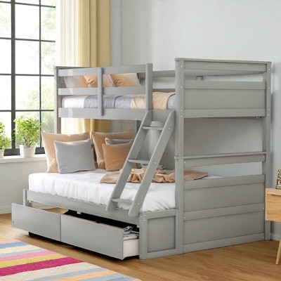 Twin Over Full Bunk Bed with Storage Drawers, Convertible Wood Frame, No Box Spring Needed