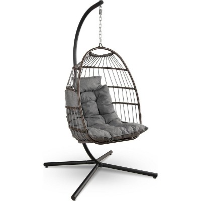 SereneLife SWC77DG.5 Hanging Egg Swing Chair with Stand—Rattan Wicker Egg-Shaped Swing, Waterproof Seat Cushion, and Headrest
