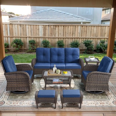 POCASSY 7 Pieces Patio Furniture Set All Weather Wicker Conversation Set with Coffee Table, Sofa, Swivel Rocking Chair, Ottoman and Side Table