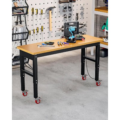 Acekool 60" Adjustable Height Garage Workbench with Solid Wood Top, 2200 lbs Capacity, Power Outlets & Non-Slip Feet, Heavy Duty