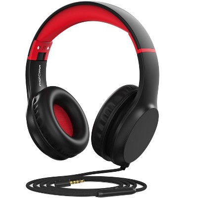 FosPower Kids Headphones with Cord, Wired Kids Headphones for School Kids with Microphone, Over Ear Kids Headset with 3.5mm Jack, Black/Red