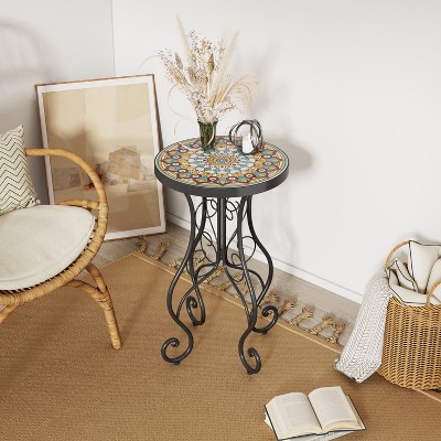APRILSOUL22.44"Round Ceramic Outdoor Side Table,Colorful+Black