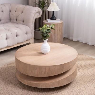 Round Wood Coffee Table with Two-Tier Design,Natural Wood Coffee Table for Living Room,31" Modern Coffee Table for Small Spaces-Koiai