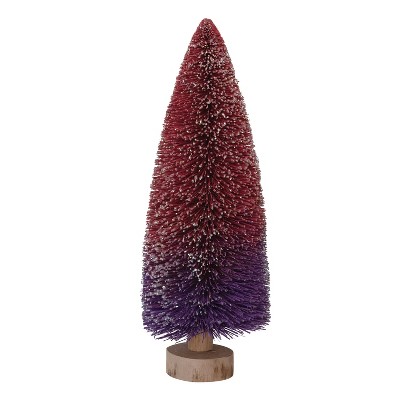 Storied Home Bottle Brush Tree with Wood Base and Glitter, Purple and Burgundy Ombre