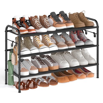SONGMICS Shoe Rack, 3 Tier Shoe Organizer, Fabric Shoe Shelf Storage with 4 Hooks, Height-Adjustable Shoe Rack Ink Black