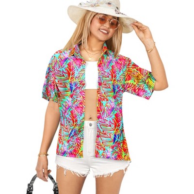 LA LEELA Women's Button Down Blouses Casual Summer Beach Party Blouses Shirt Open Front Blouse Short Sleeve Shirts Hawaiian for Women
