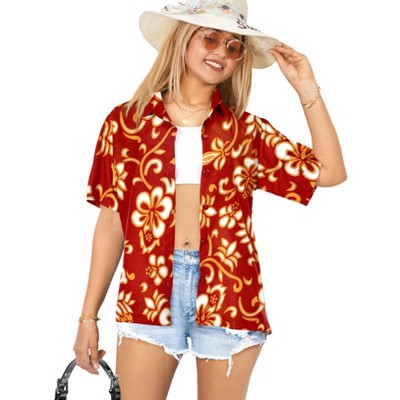 LA LEELA Hawaiian Shirts Womens Summer Beach Party Blouse Shirt Collared Short Sleeve Tropical Vacation Button Up Dress Tee Shirts Tops