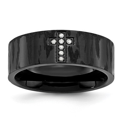 Chisel Stainless Steel Polished and Matte Black IP-plated 1/20 Carat Diamond Cross Band Ring