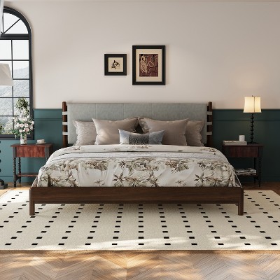 Christopher Knight Home Evelyn Mid-Century Modern Rubberwood Bed with Upholstered Headboard