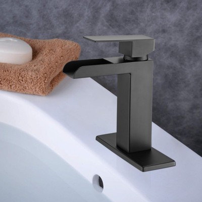 Gulches Bathroom Faucet Single Handle Bathroom Sink Faucets 1 or 3 Hole Solid Vanity Faucet with Deck Plate & Overflow Pop Up Drain Matte, Black