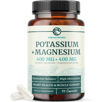High Absorption Potassium Magnesium Supplement Capsule, High Strength Electrolyte Balance for Heart Health & Muscle Support, Nobi Nutrition, 90ct