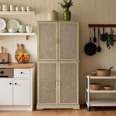 Kitchen Pantry Cabinet, 72-Inch Tall Storage Cabinet with 4 Rattan Doors and Adjustable Shelves, Freestanding Wood Cupboard Organizer