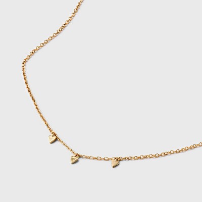 Valentine's Day 14k Gold Plated Brass Polished 3 Heart Dangle Necklace - A New Day™ Gold: Cable Chain, Gift Box