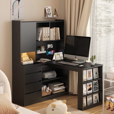 Lyngins L-Shaped Desk Computer Desk with 2 USB Ports, 3 Power Outlets (5ft Cord), Large Workspace, Corner Desk/Office Desk/Gaming Desk/Writing Desk