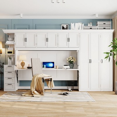 Twin Size Murphy Bed Space-saving Wall Bed with Desk, Drawers, Wardrobe & Cabinet - ModernLuxe