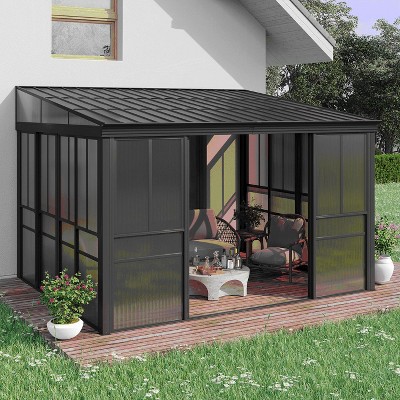 EROMMY 10 Ft. x 12 Ft. Wall Mounted Gazebo, All-Season Patio Gazebo Sunroom with Side Door, Outdoor Permanent Sunroom