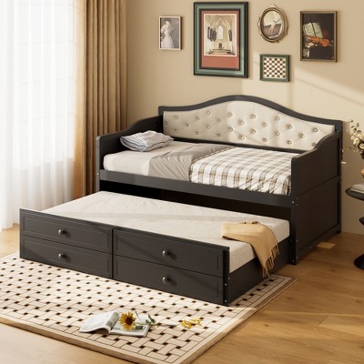 KTMBDW Wood Daybed with Trundle - Twin Size Day Bed with Two Pull Out Drawers, 400 lbs Capacity - Space Saving Daybed Couch for Bedroom