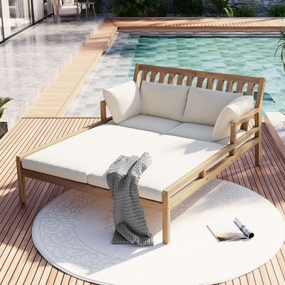 Mshliw  Outdoor Daybed with Curved Armrests and 4 Pillows – Patio Lounge Bed with  Removable Cushions for Poolside, Backyard, and Garden