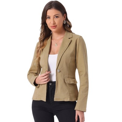 INSPIRE CHIC Women's Notched Lapel Button Up Long Sleeve Washed Denim Blazer