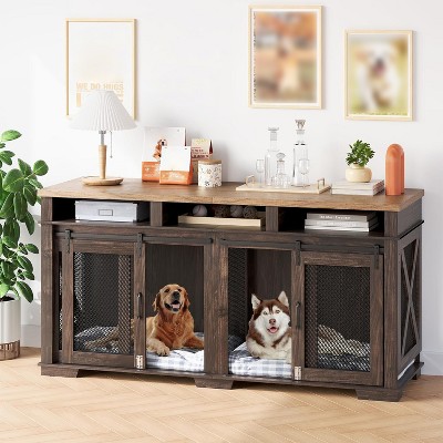 Dog Crate Furniture for 2 Dogs, 71"W Large Chew-Resistant Dog Kennel with Removable Divider, Decorative TV Stand Side Table, Indoor Pet Cage House