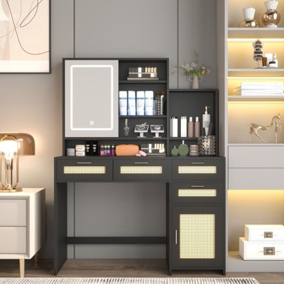 NicBex 43" Vanity Desk with Mirror & Lights,Makeup Vanity Table with 4 Drawers&1 Cabinet,Rattan Vanity Dresser with Shelves for Bedroom