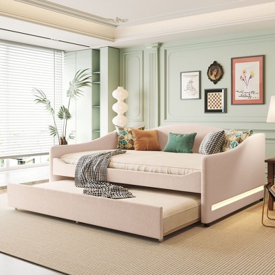 CAVINAS Full Bed Frame with Light and Trundle, Teddy Fleece Full Size Upholstered Daybed, Easy Installation, Pink