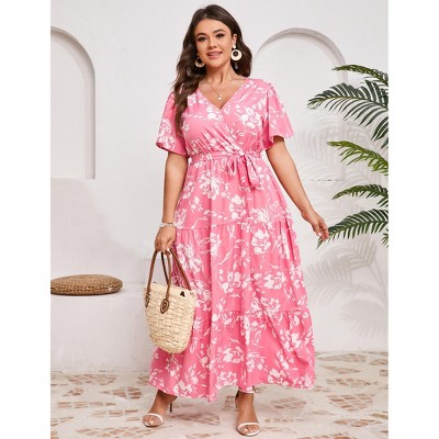 YESFASHION Plus Size Women V Neck Wrap Maxi Dress High Waist Short Sleeves Casual Summer Dress with Belt