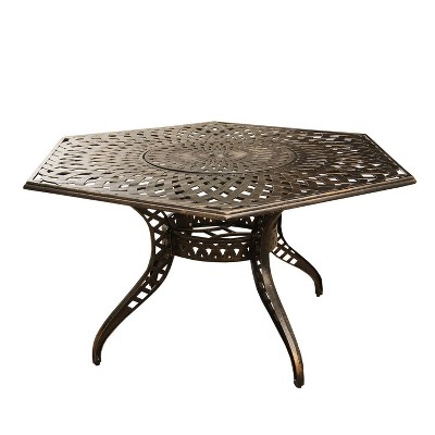 63" Contemporary Modern Mesh Lattice Aluminum Hexagon Patio Dining Table with Lazy Susan - Bronze - Oakland Living
