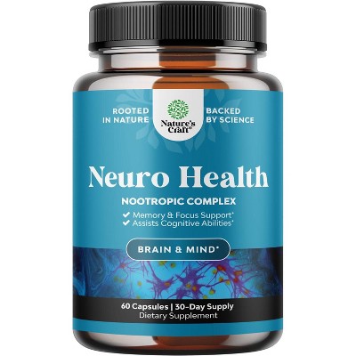 Neuro Health Brain and Focus Formula, Mental Focus Nootropic Memory Supplement for Brain Health & and Performance Blend, Nature's Craft, 60 or 90ct