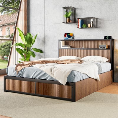 ORRD Large Raised-Pattern Storage Bed Frame - Wooden Platform Bed with Drawers & Bedside Sockets, Brown Rustic Design for Space Saving（ Queen ）