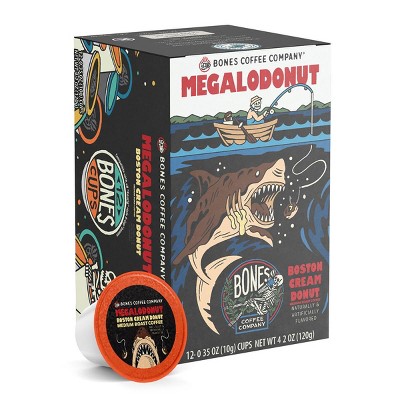 Bones Coffee Company Megalodonut Boston Cream Donut Flavor 12 ct Single-Serve Bones Cups Coffee Pods Keurig Coffee Maker Compatible