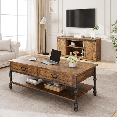 White 41 Inch Wooden Coffee Table with Drawers Multi Functional Retro Style Storage Table Brown
