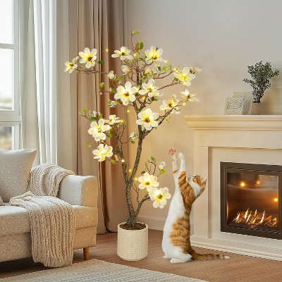 5FT Faux Magnolia Tree, Artificial Flower Plant with 120 White Blooms, Vivid Green Leaves, Moss Base & White Pot for Home Office Patio Decor