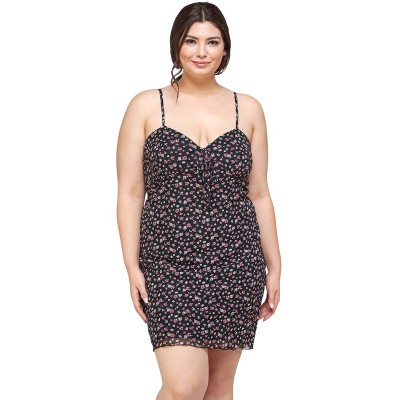 Slickblue Plus Size Ditsy Floral Print Mesh Cami Dress with Sweetheart Neckline and Ruffled Hem, Black, 1XL-3XL