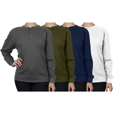 Blue Ice  Women's Loose Fit  Waffle-Knit Thermal Henley- 4 Pack