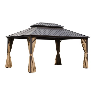 YARDSIGHT Hardtop Gazebo, Aluminum Frame Permanent Pavilion with Curtains and Netting,Double Roof,Designed for Garden, Lawns, Patio