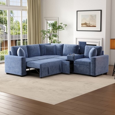 120.5"W Sectional Sofa Couch Set, L-shaped Convertible Modular Sofa Bed, Chenille Upholstered Reversible Storage Sleeper Sofa -ModernLuxe