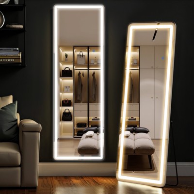 IULULU Full-Length Mirror with LEDs, Aluminum Frame, 3-Color Dimmable Light for Bedroom