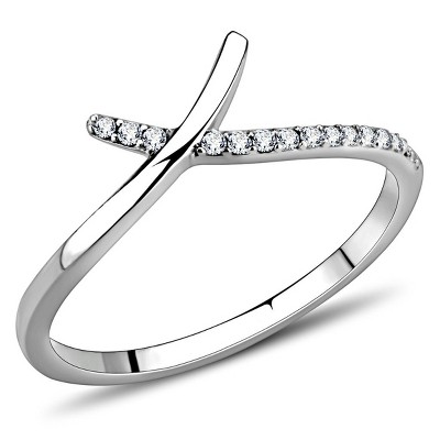 Slickblue Women's Stainless Steel Cross Ring - Polished Finish with Clear CZ Stones, Stackable Design, Size 5-10