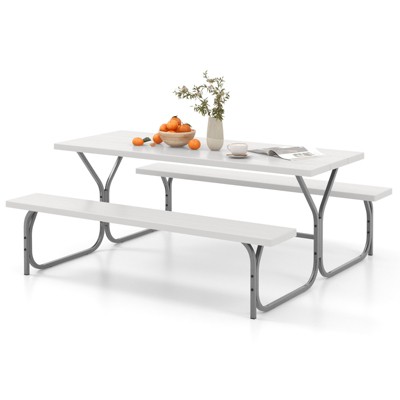Tangkula Picnic Table Bench Set for 8 Person Outdoor Camping Table & 2 Benches with Metal Frame All-Weather Tabletop Black/Grey/Green/White