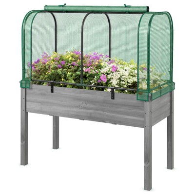 Costway Wood Raised Garden Bed with Greenhouse Cover Mini Portable Greenhouse Kit Green/White+Gray/Beige