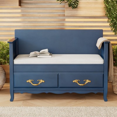 42"W Vintage Shoe Bench Storage Bench Entryway Bench Shoe Cabinet with Removable Cushion and Back, Antique Turquoise/Antique Navy/Espresso-ModernLuxe