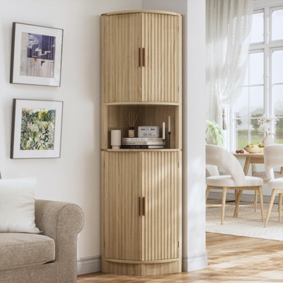 Tall Corner Storage Cabinet, Fluted Hutch Cupboard Pantry Cabinet